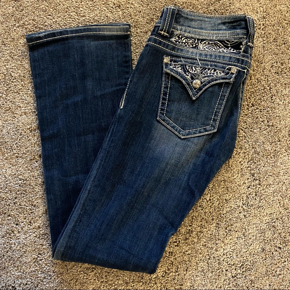 Miss Me Dark Blue Boot Cut Jeans with Embroidered Pockets